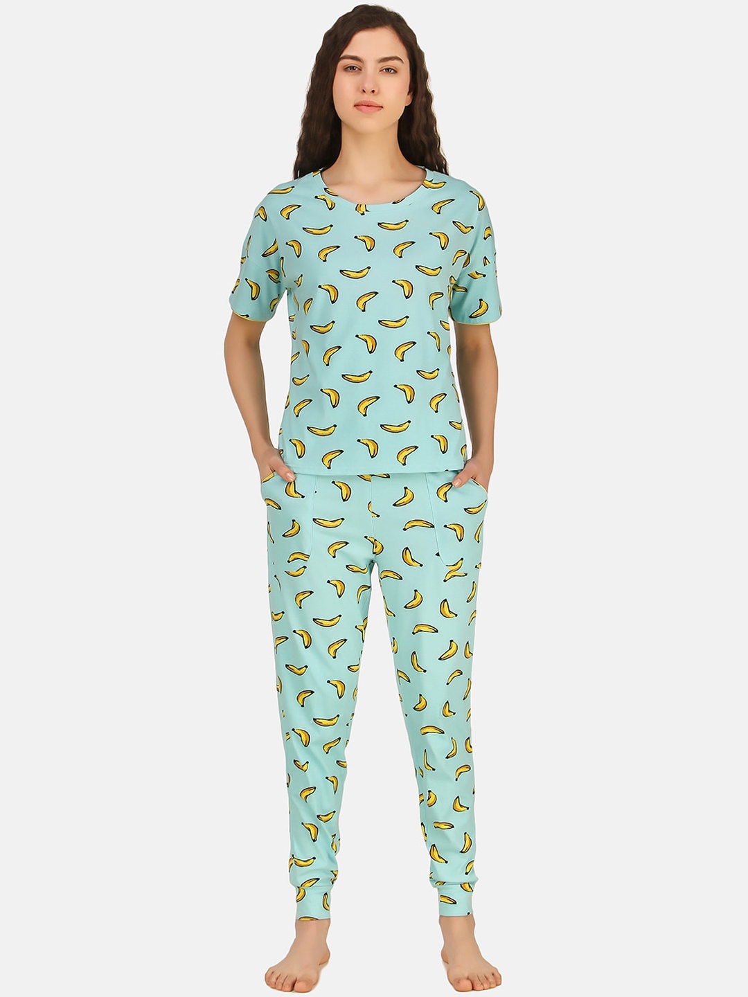Masha Women Blue & Yellow Printed Night Suit