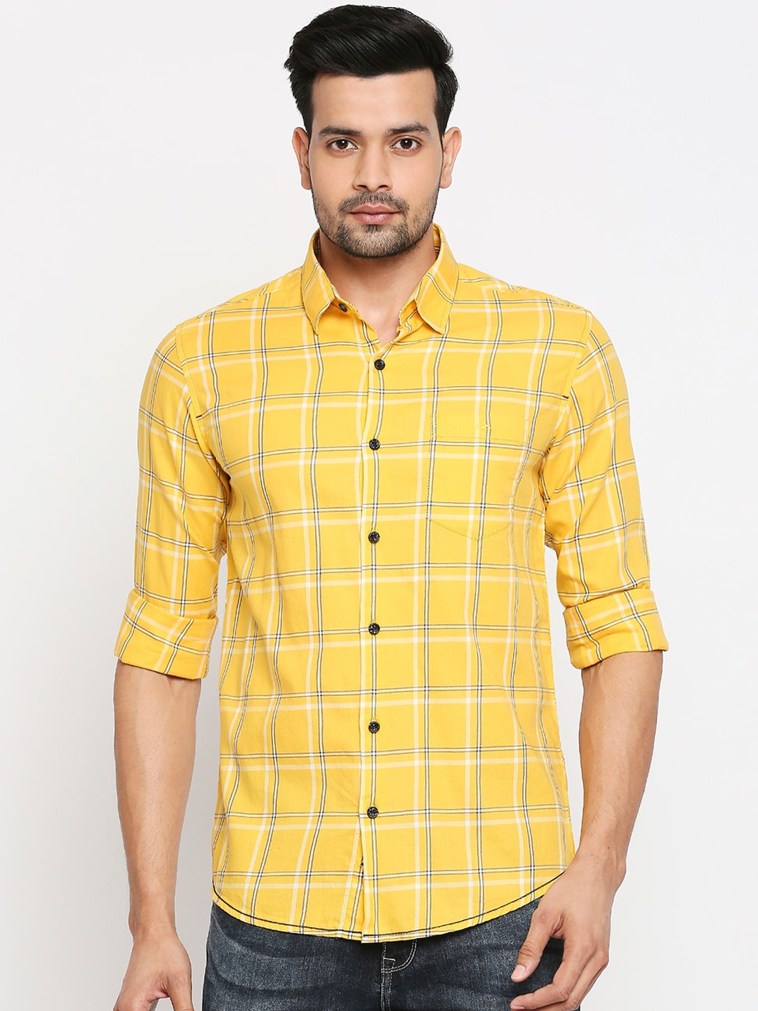 Mufti Men Yellow Slim Fit Checked Casual Cotton Shirt