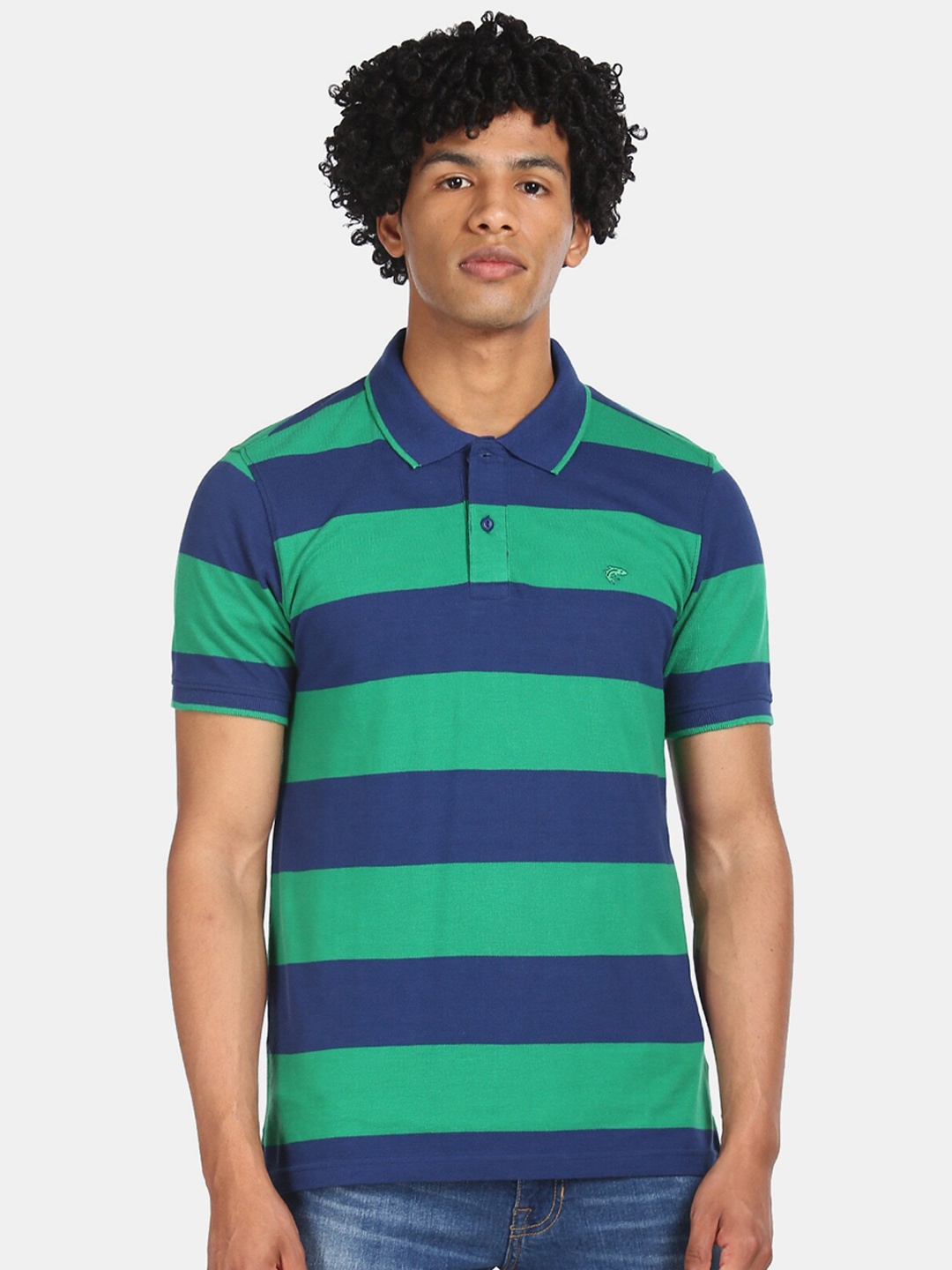 Ruggers Men Blue Striped Polo Collar T-shirt