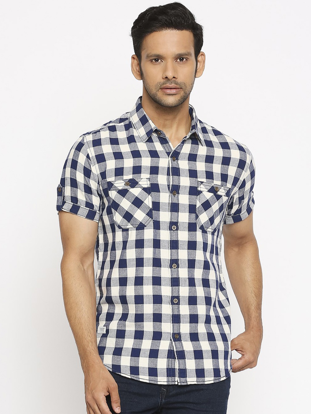 Mufti Men Navy Blue Slim Fit Checked Casual Shirt