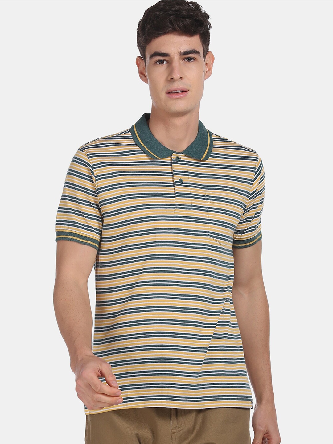 Ruggers Men Mustard Yellow & Green Striped Polo Collar T-shirt