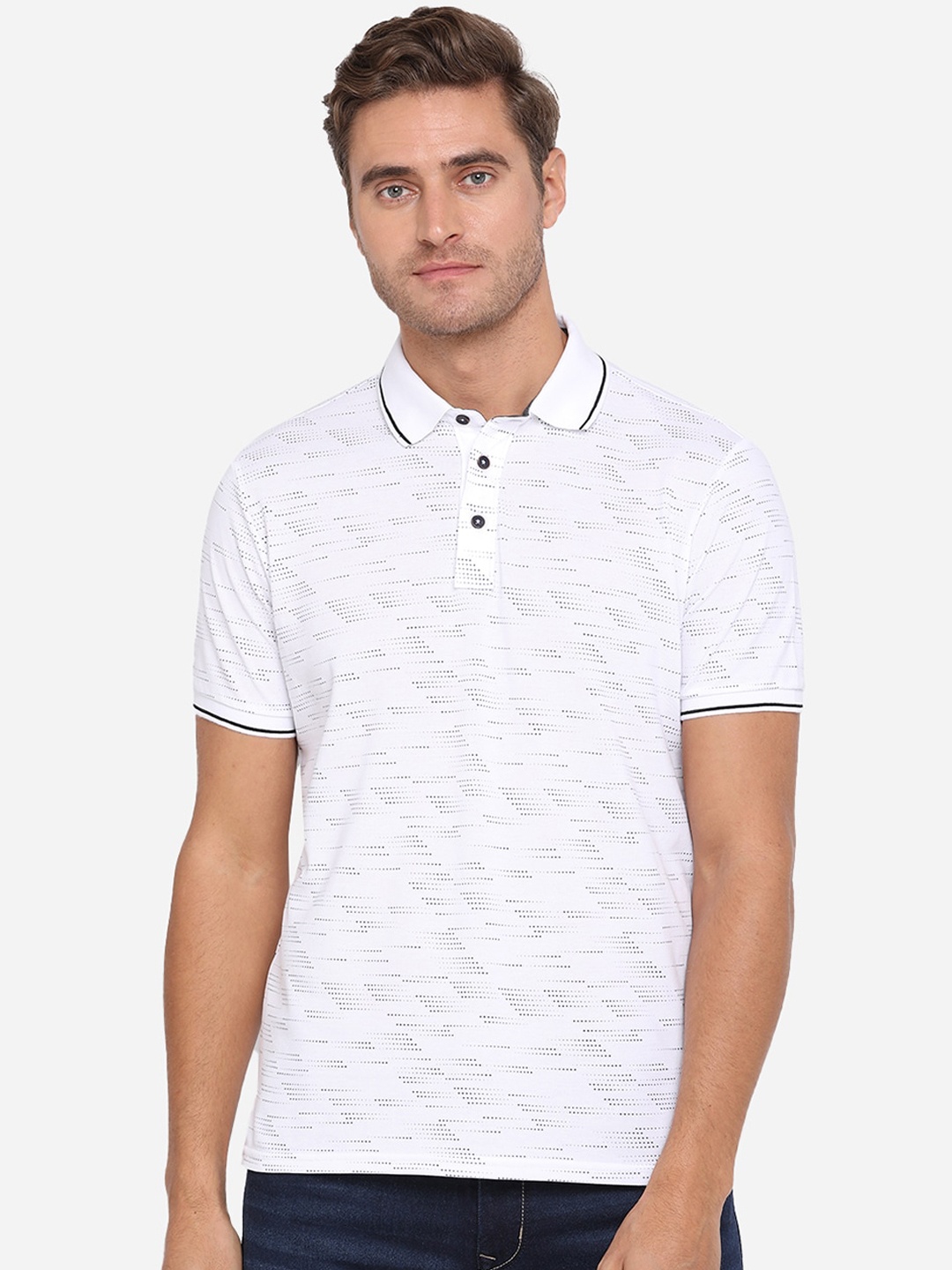 JADE BLUE Men White Self Design Polo Collar Pure Cotton T-shirt