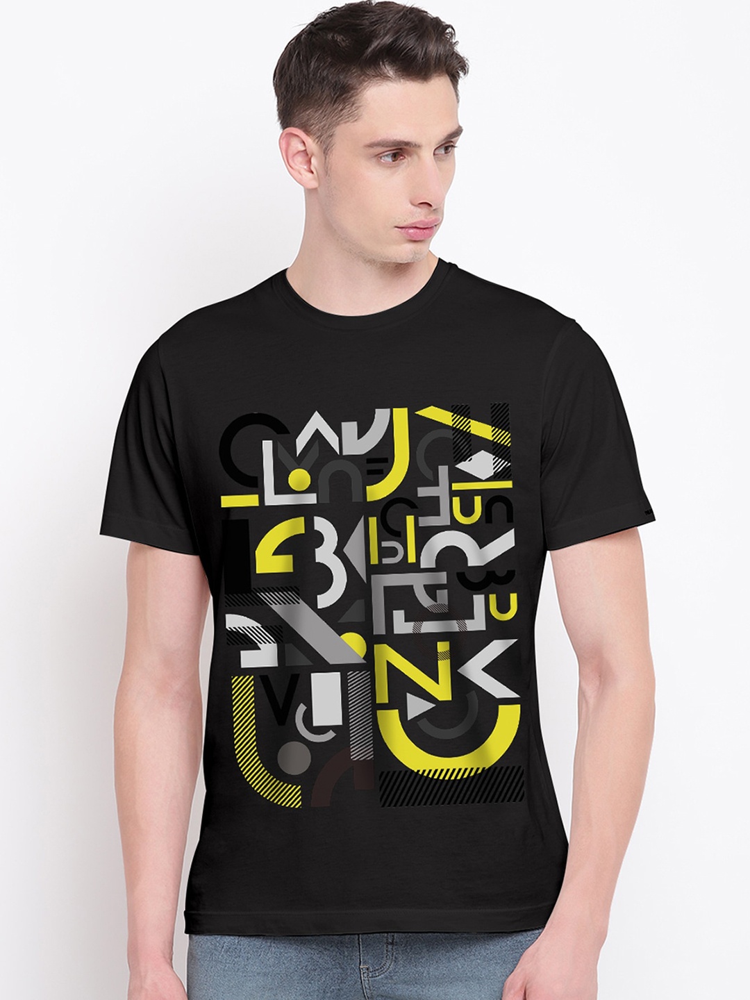THREADCURRY Men Black Printed Round Neck Cotton Pure Cotton T-shirt