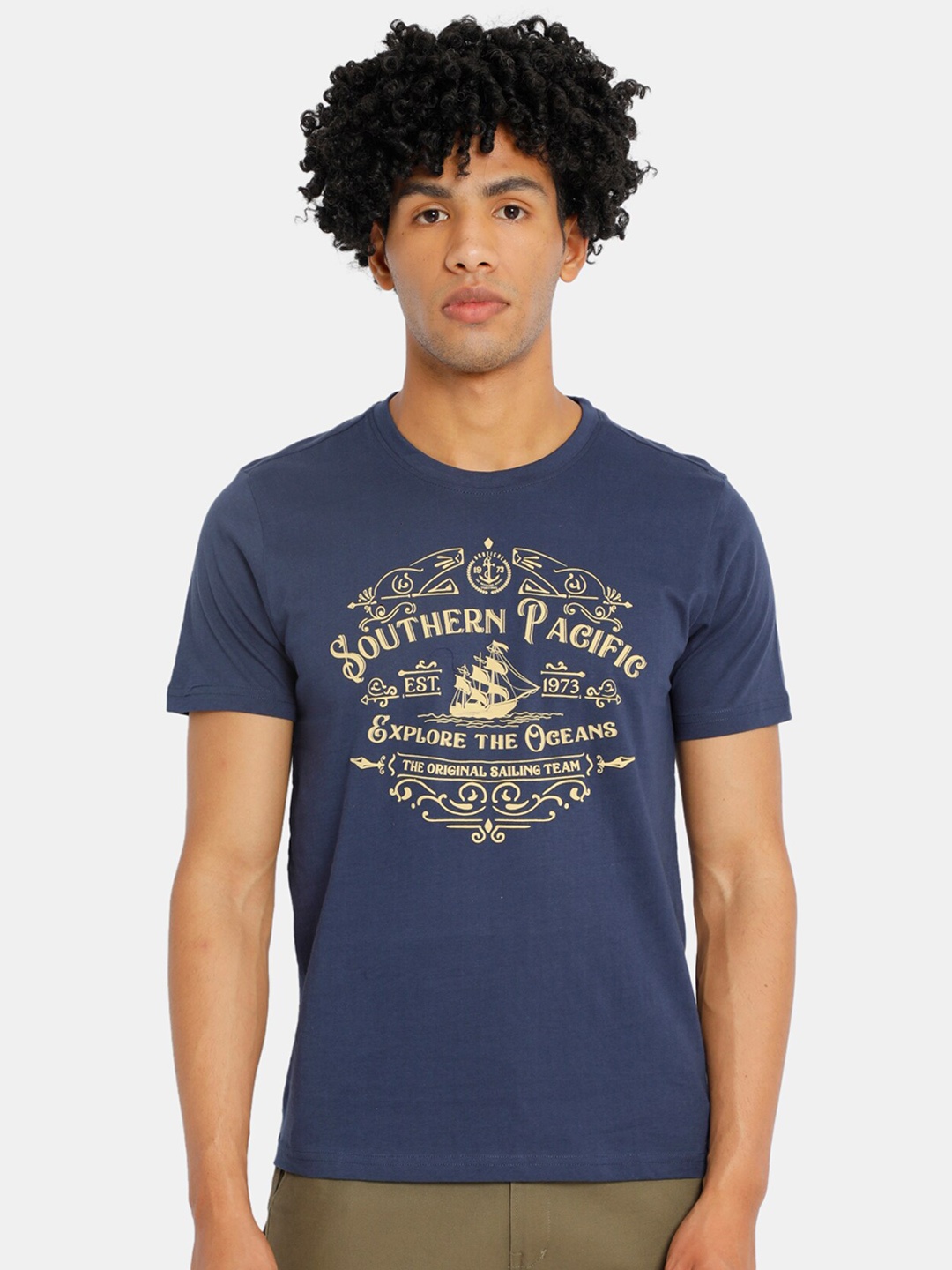 Cherokee Men Navy Blue Printed Round Neck T-shirt