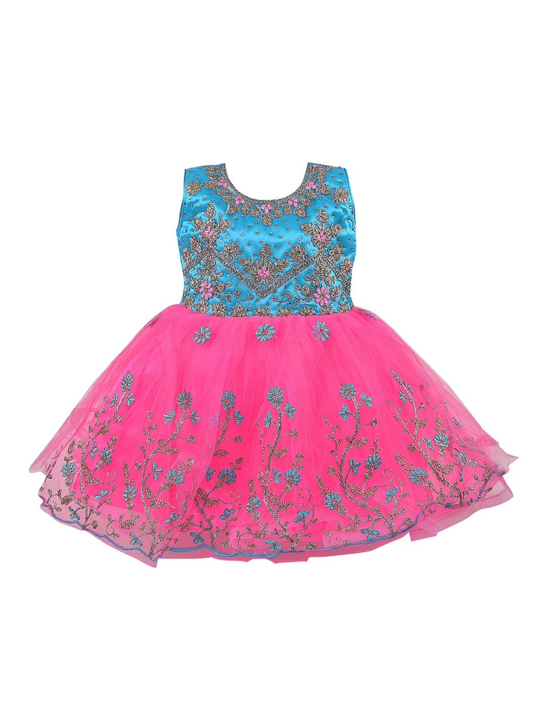 Wish Karo Girls Blue & Pink Embroidered Fit and Flare Dress
