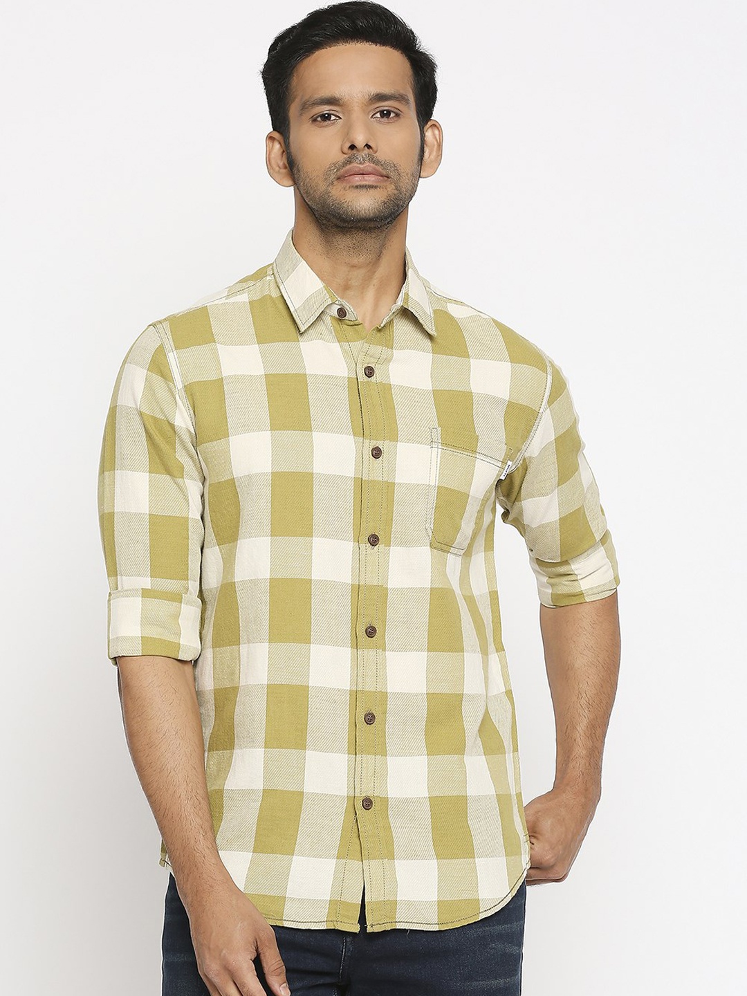Mufti Men Beige Slim Fit Checked Casual Shirt