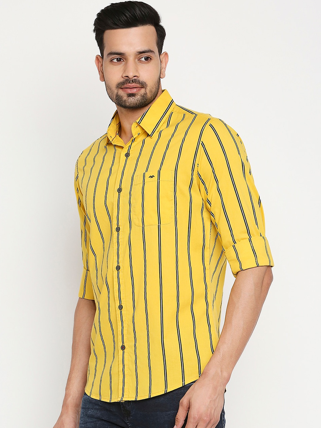 Mufti Men Yellow Slim Fit Striped Casual Shirt
