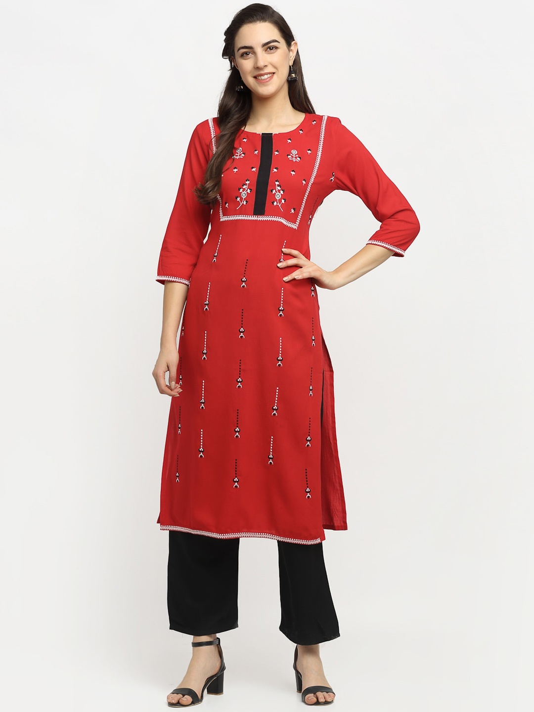Rudra Bazaar Women Red & Black Embroidered Kurta with Pyjamas
