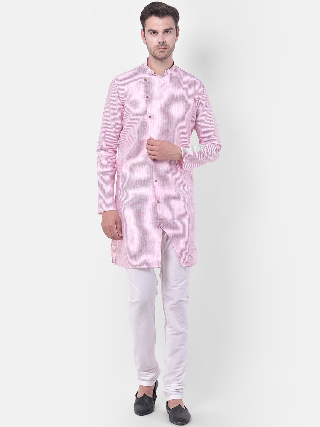 TABARD Men Pink Striped Cotton Linen Kurta