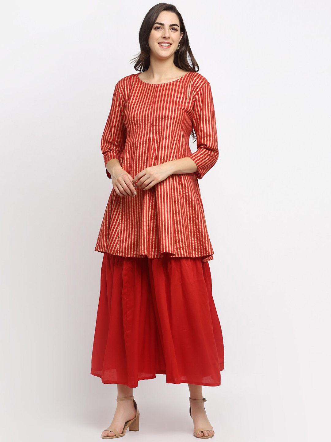 Rudra Bazaar Women Red Striped Kurti with Palazzos
