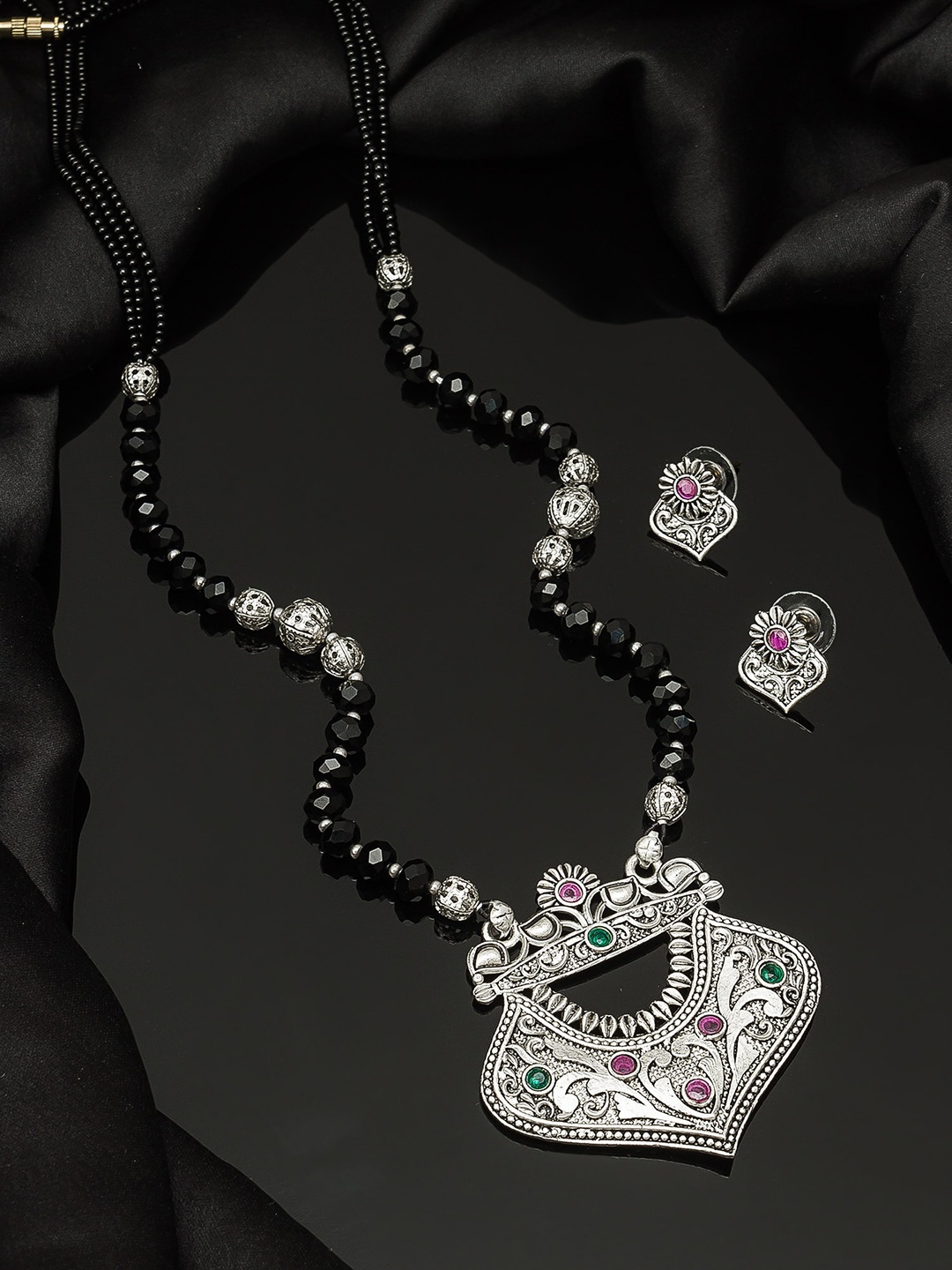 aadita Oxidized Silver-Toned & Black Stone-Studded Tribal Mangalsutra With Earrings