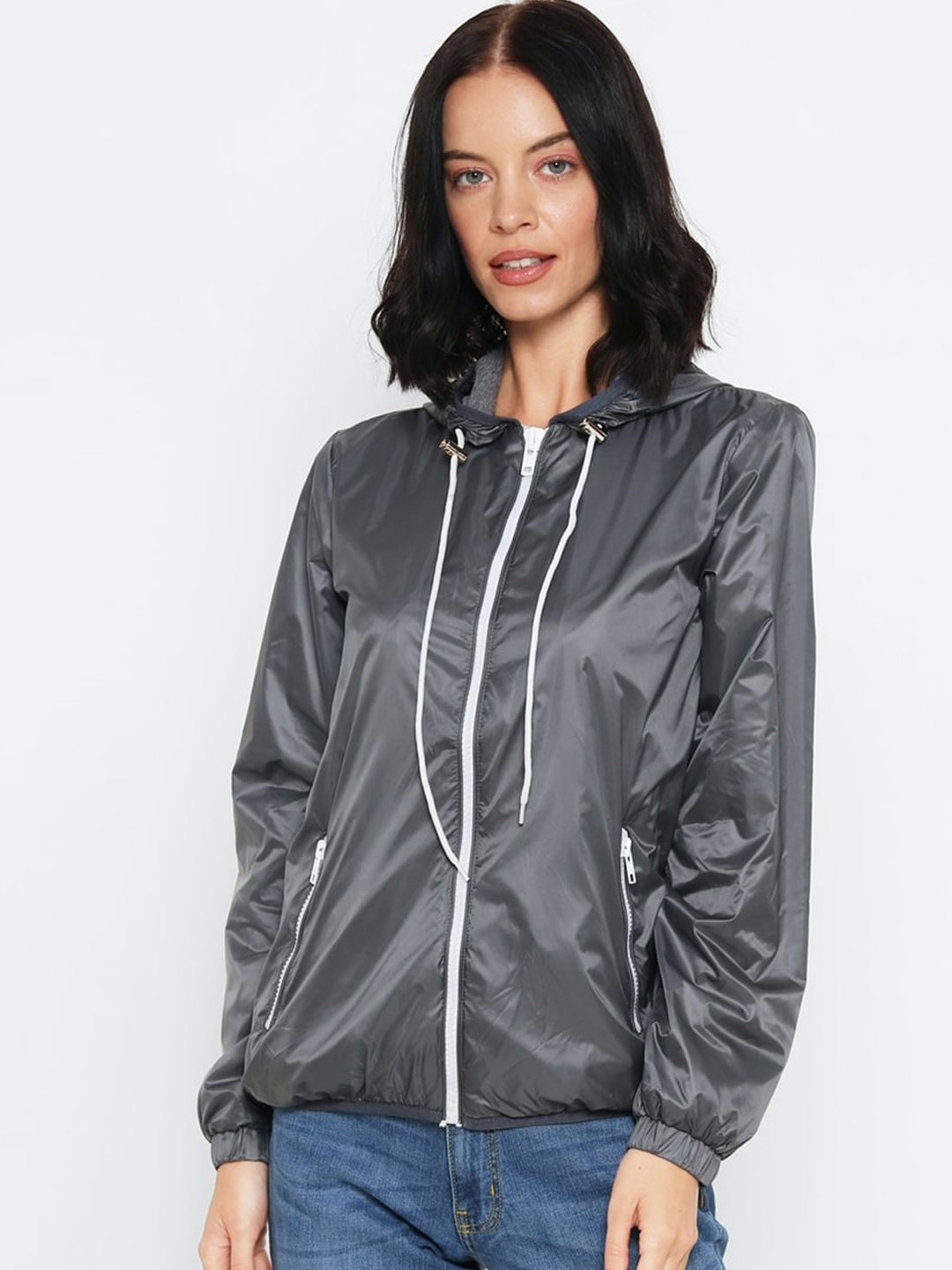 FOREVER 21 Women Grey Solid Windcheater Tailored Jacket