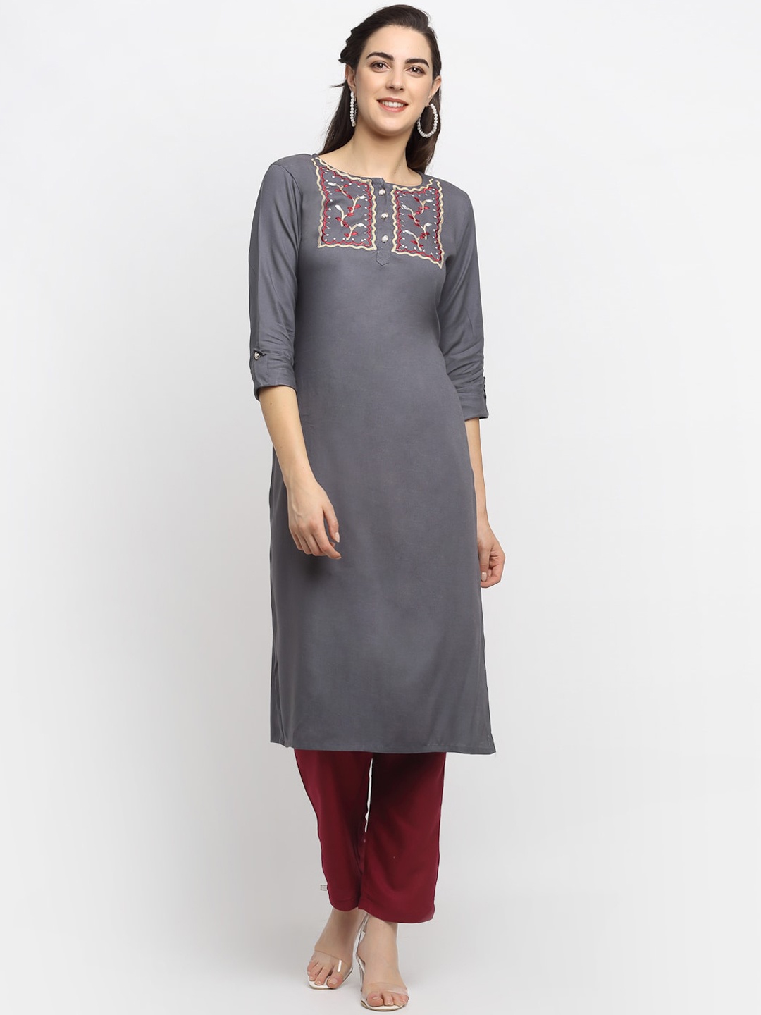 Rudra Bazaar Women Grey Embroidered Kurta with Trousers