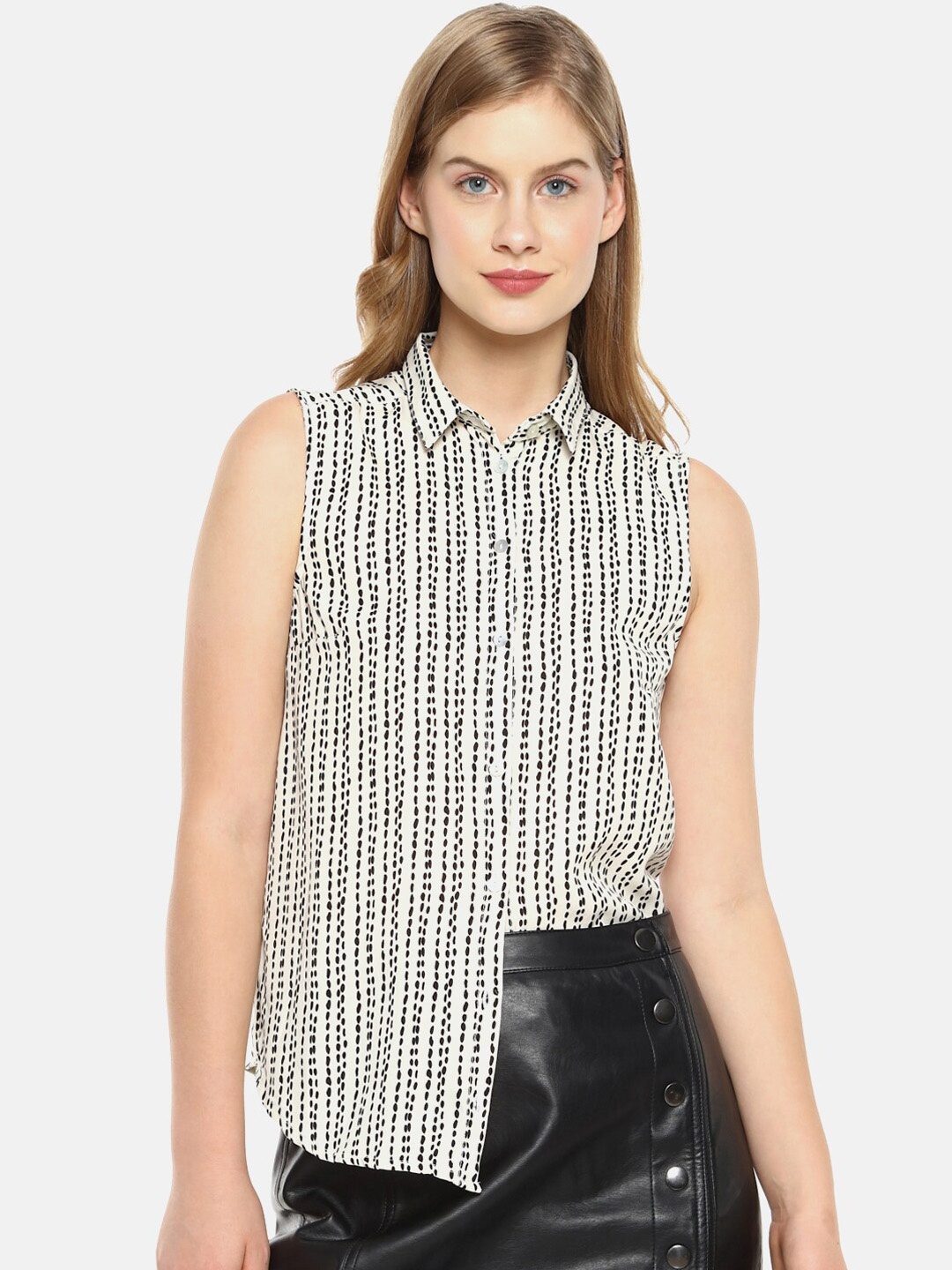 Campus Sutra Off White & Black Striped Shirt Style Top