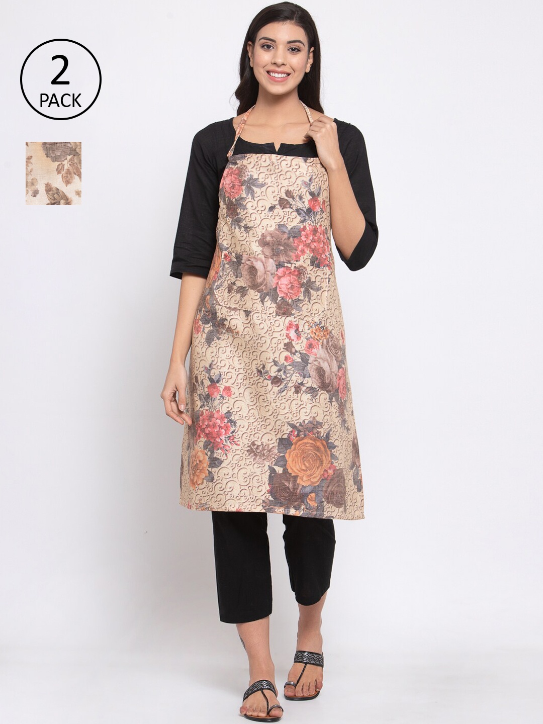 KLOTTHE Pack Of 2 Beige & Pink Printed 210 TC Cotton Aprons