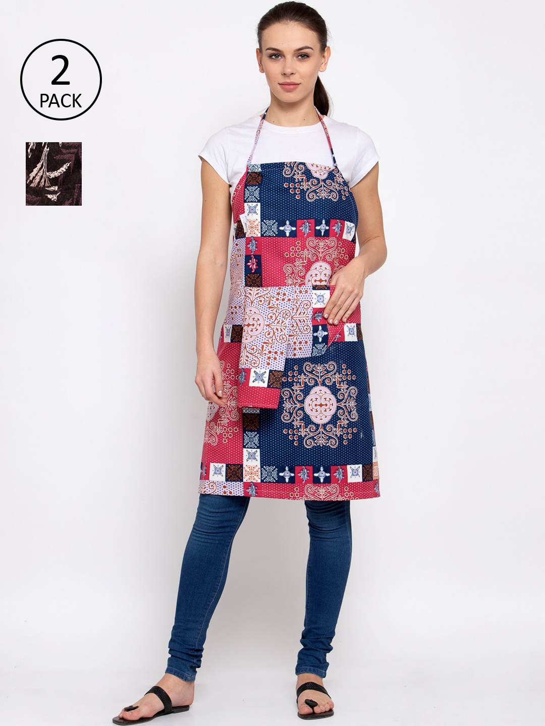 KLOTTHE Pack Of 2 Printed 210 TC Cotton Aprons, Navy blue