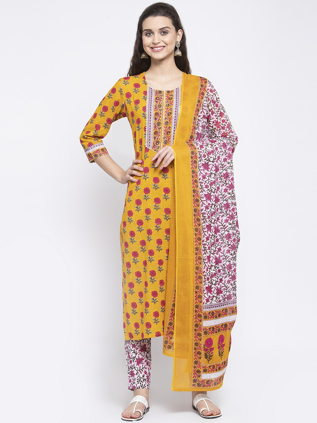 ANAISA Women Mustard Yellow & Pink Floral Print Sequin Work Kurta with Trousers & Dupatta
ANAISA Women Mustard Yellow & Pink Floral Print Sequin Work Kurta with Trousers & Dupatta