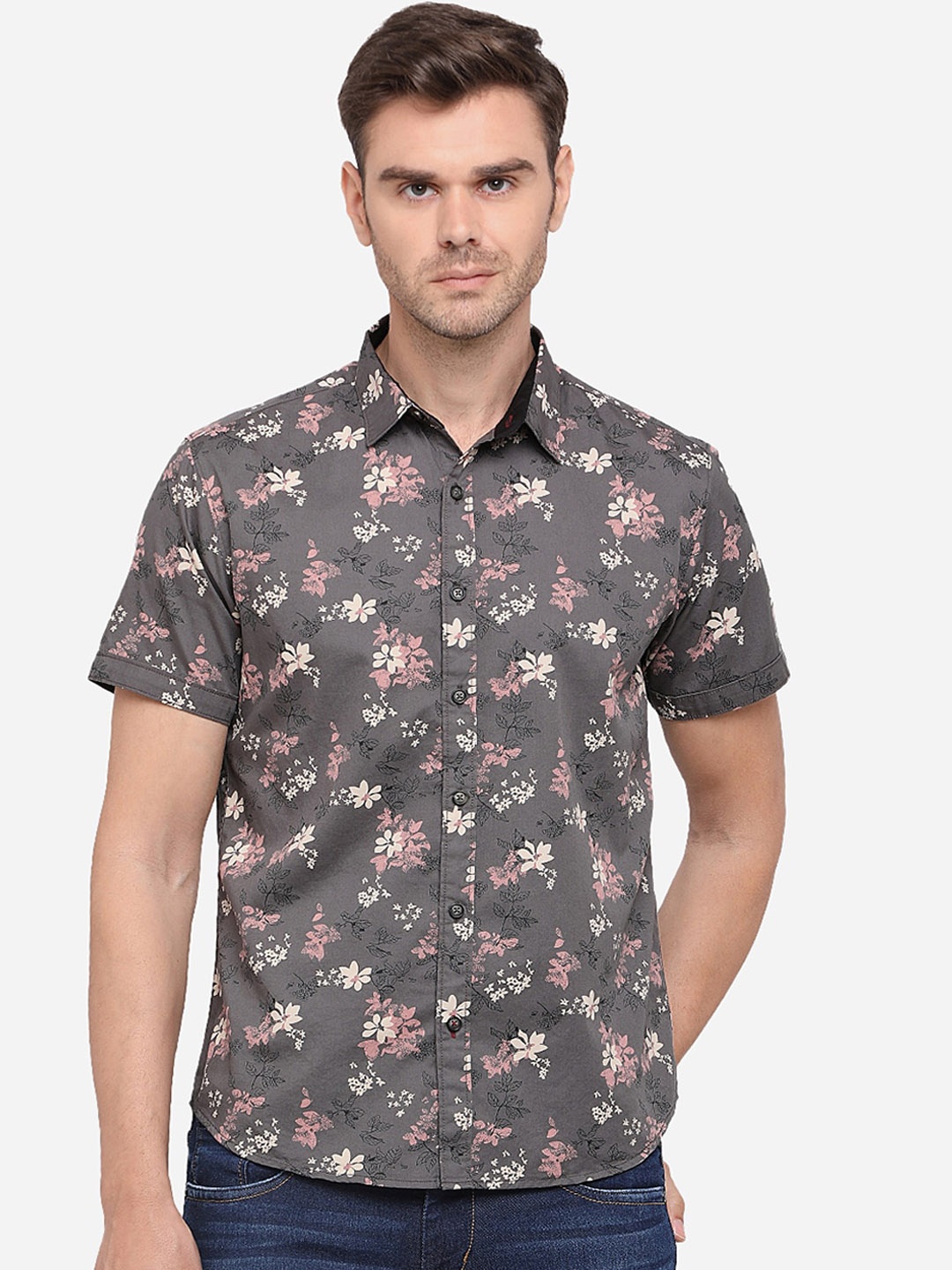 Greenfibre Men Olive Grey Slim Fit Printed Casual Shirt