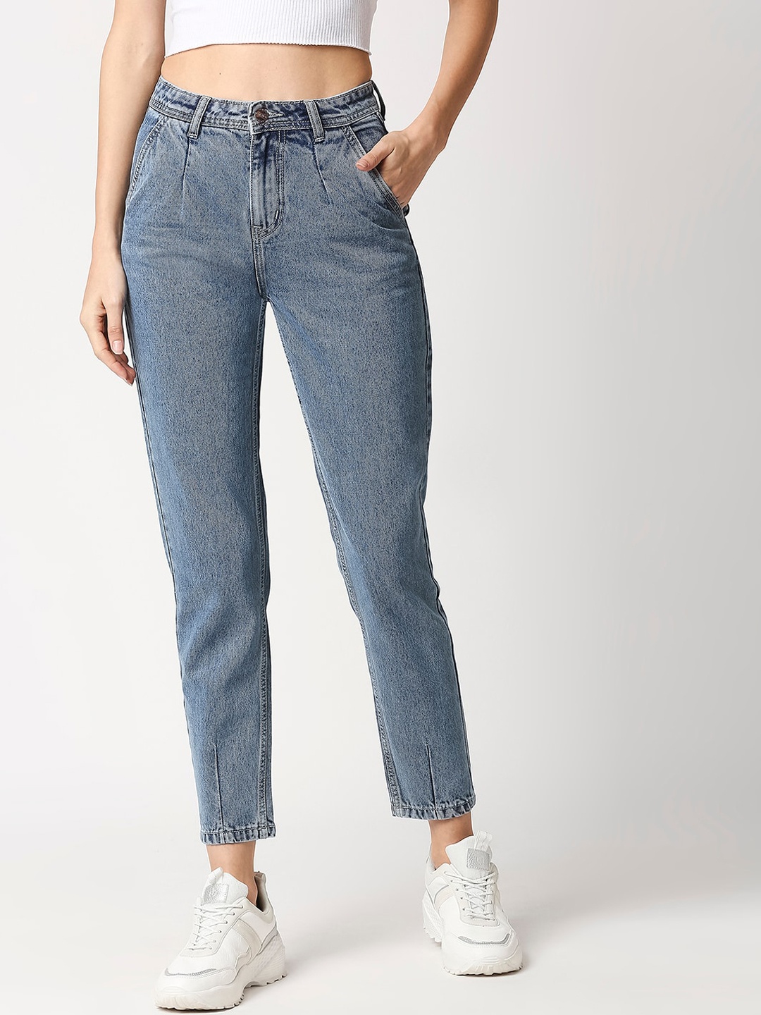 High Star Women Blue Boyfriend Fit High-Rise Clean Look Jeans