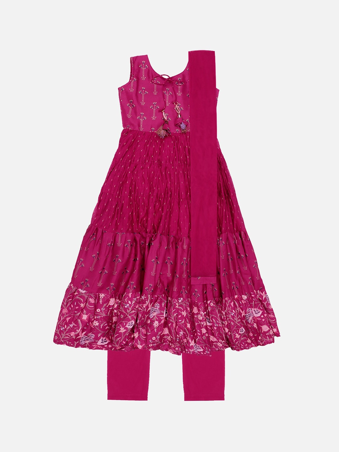SALWAR STUDIO Girls Magenta Embroidered Kurta with Churidar & Dupatta