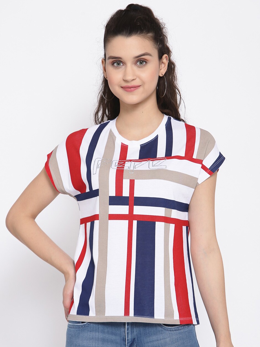 Pepe Jeans Women White & Red Striped Round Neck T-shirt