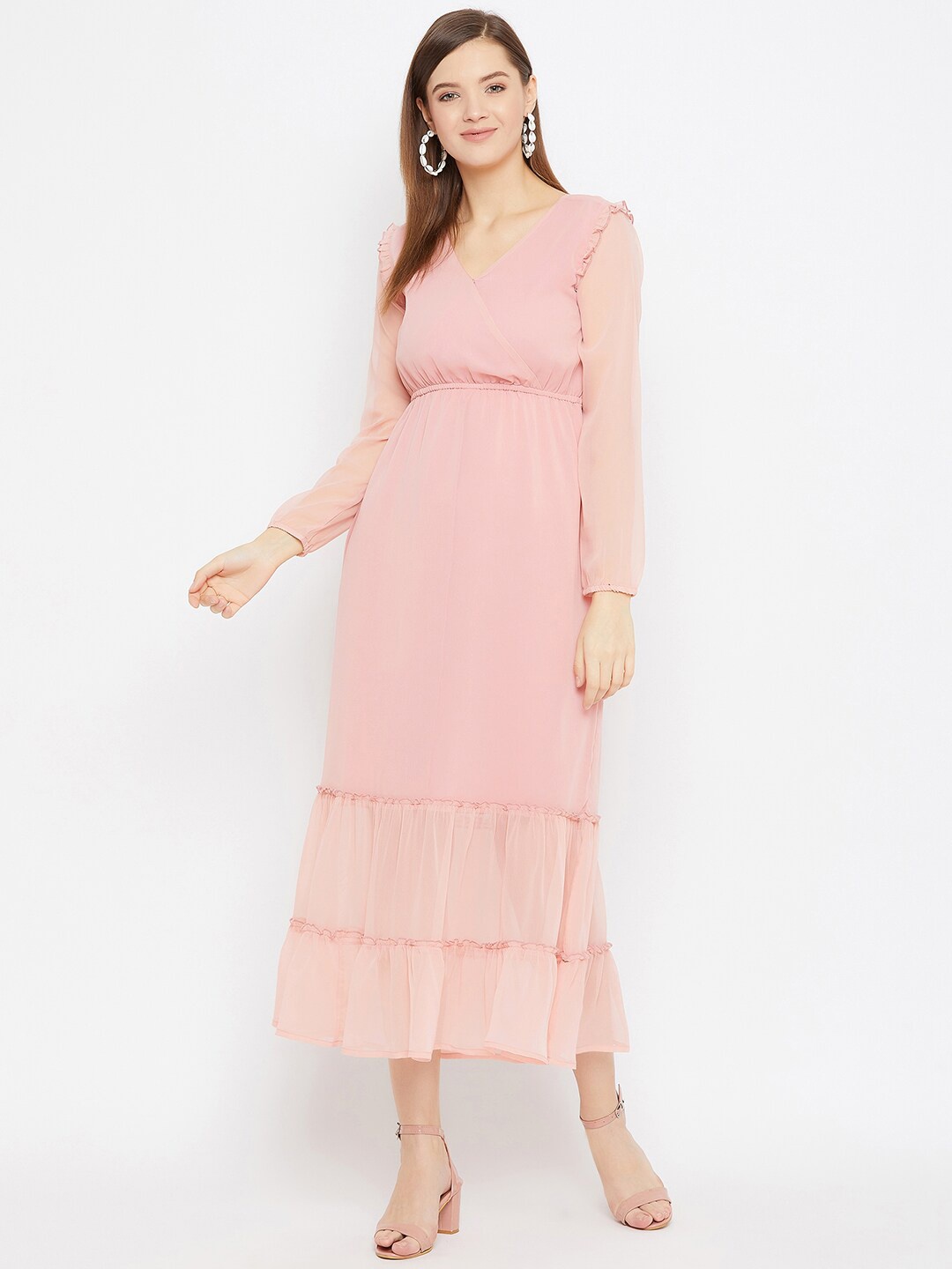 Color Cocktail Women Pink Solid Tiered Empire Dress
