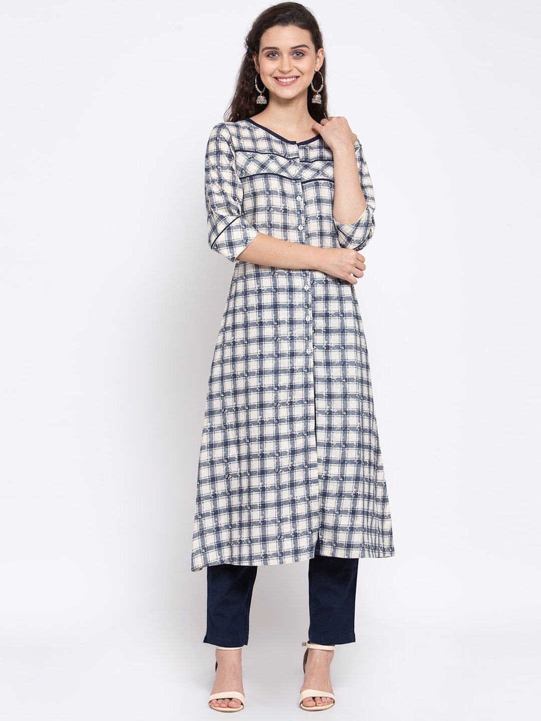 Indibelle Women Off White & Blue Checked Kurta