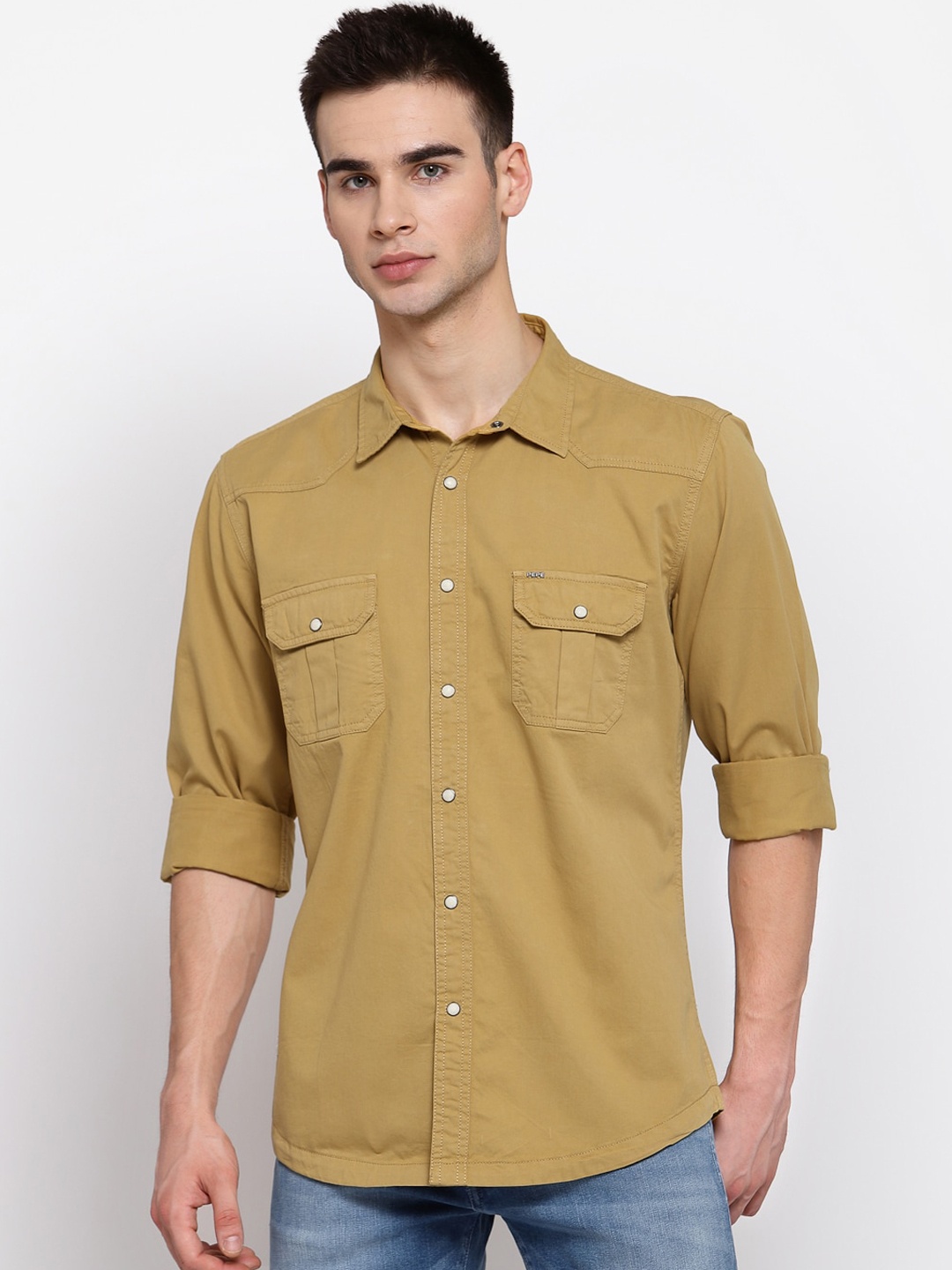 Pepe Jeans Men Khaki Regular Fit Solid Cotton Casual Shirt