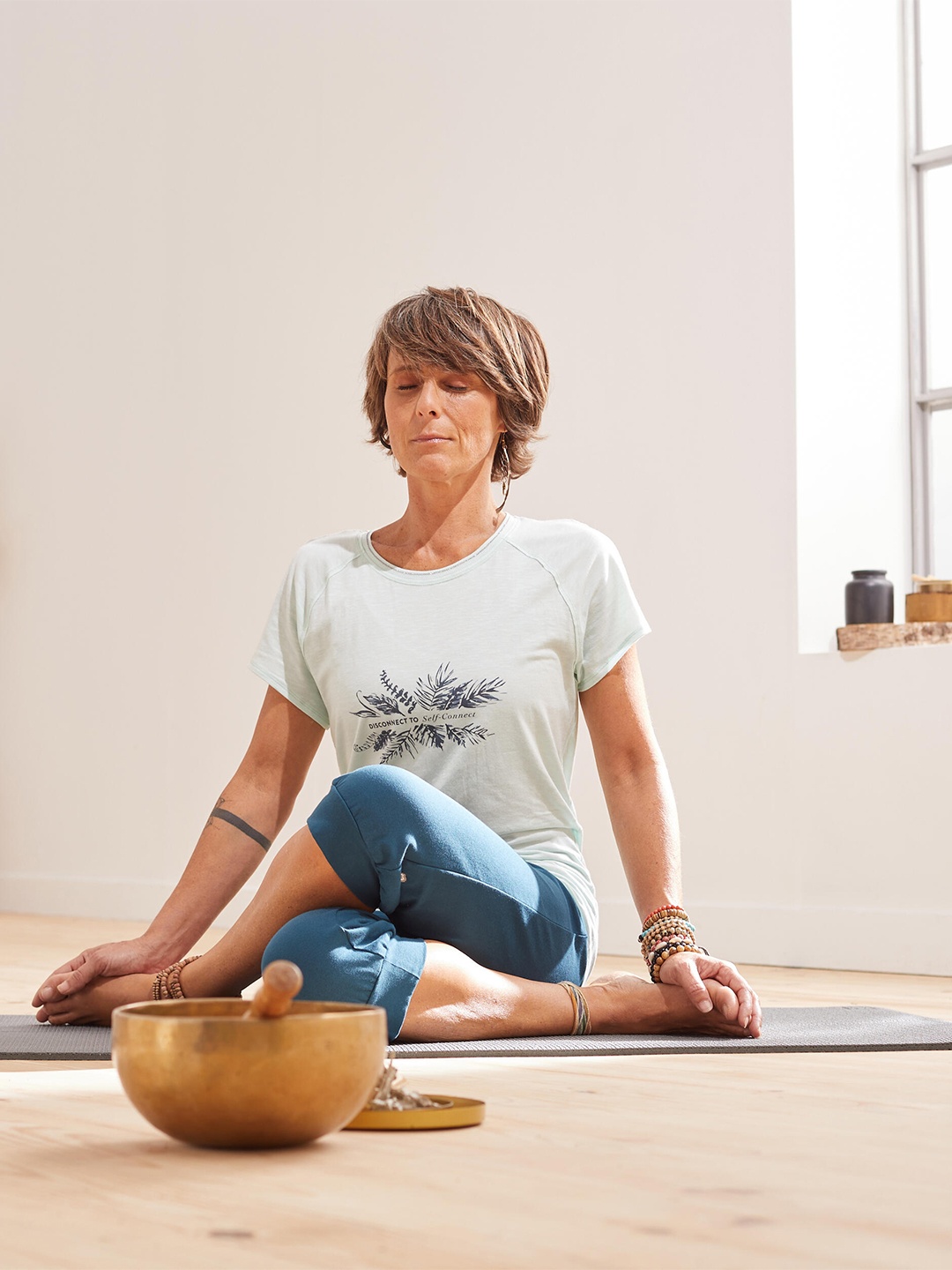 Domyos By Decathlon Women Green Printed Organic Cotton Yoga T-shirt
