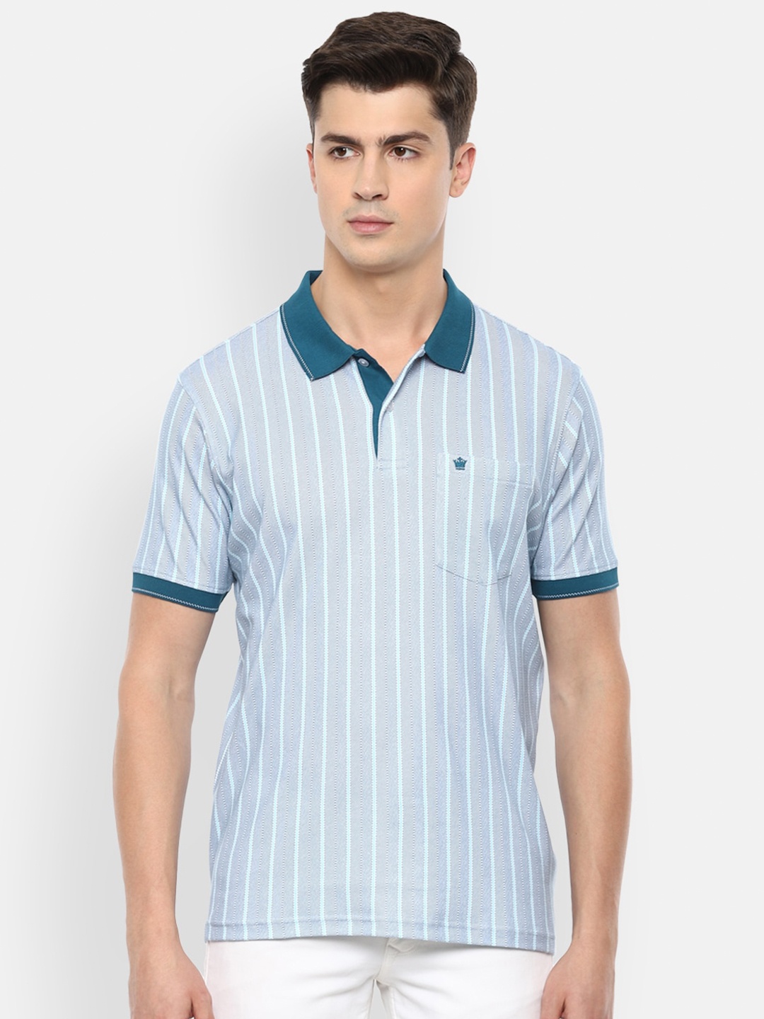 Louis Philippe Men Blue Striped Polo Collar T-shirt