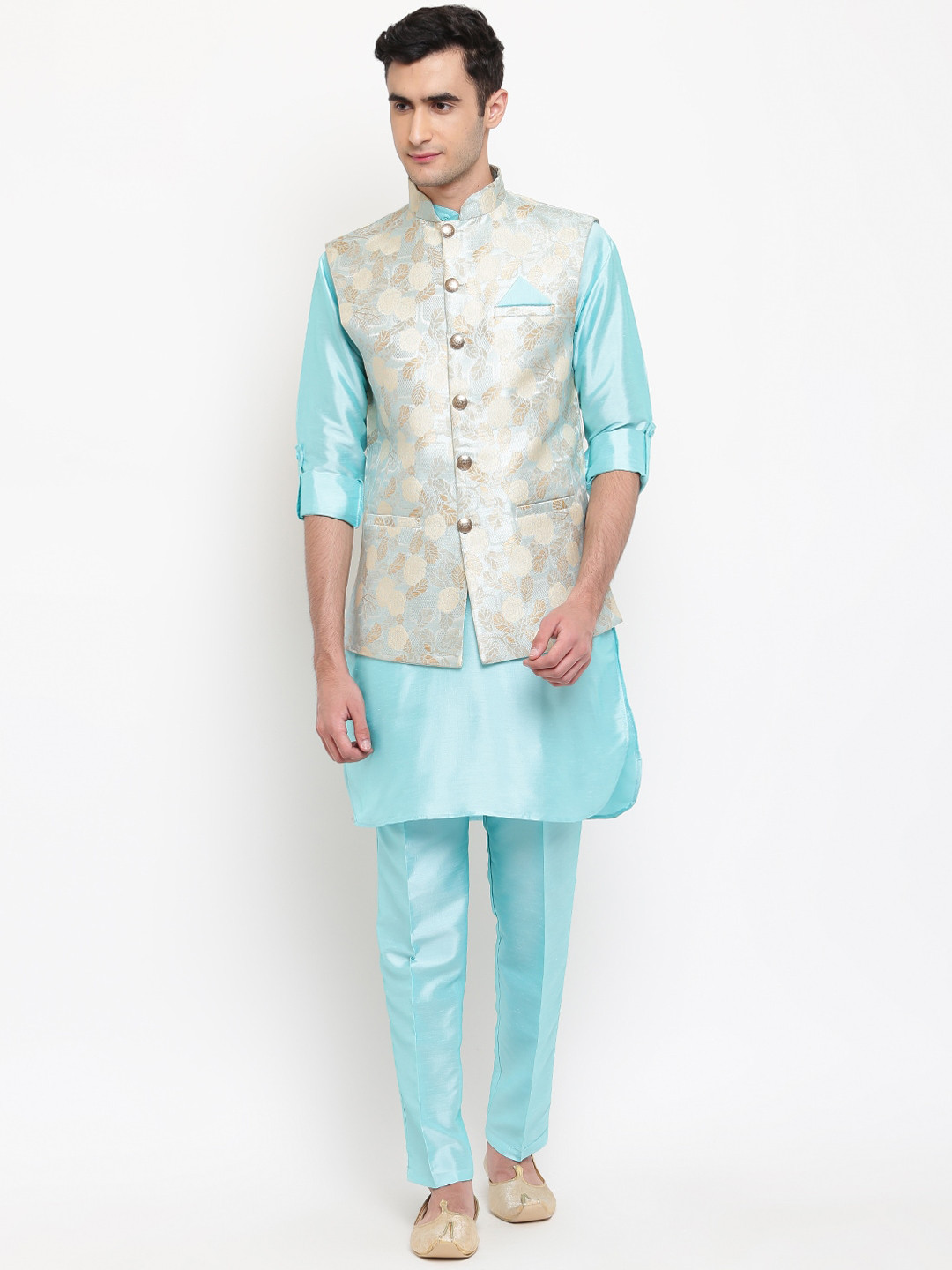 Aj DEZInES Men Turquoise Blue & Beige Straight Jacquard Kurta with Pyjamas & Nehru Jacket
Aj DEZInES Men Turquoise Blue & Beige Straight Jacquard Kurta with Pyjamas & Nehru Jacket