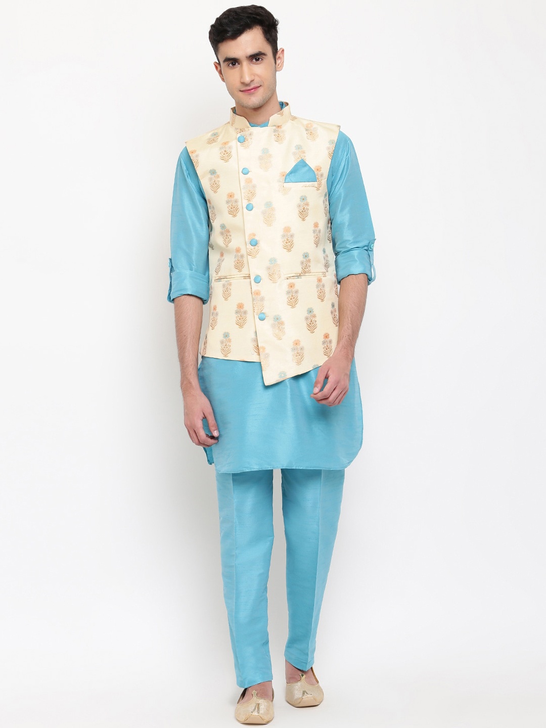 Aj DEZInES Men Turquoise Blue & Beige Straight Jacquard Kurta with Pyjamas & Nehru Jacket
Aj DEZInES Men Turquoise Blue & Beige Straight Jacquard Kurta with Pyjamas & Nehru Jacket