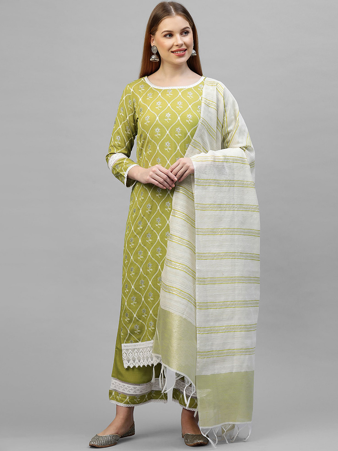 Indo Era Women Green & White Ethnic Motifs Printed A-Line Kurta with Trousers & Dupatta
Indo Era Women Green & White Ethnic Motifs Printed A-Line Kurta with Trousers & Dupatta