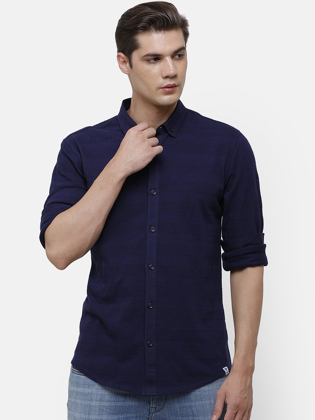 Voi Jeans Men Navy Blue Slim Fit Self Design Casual Shirt