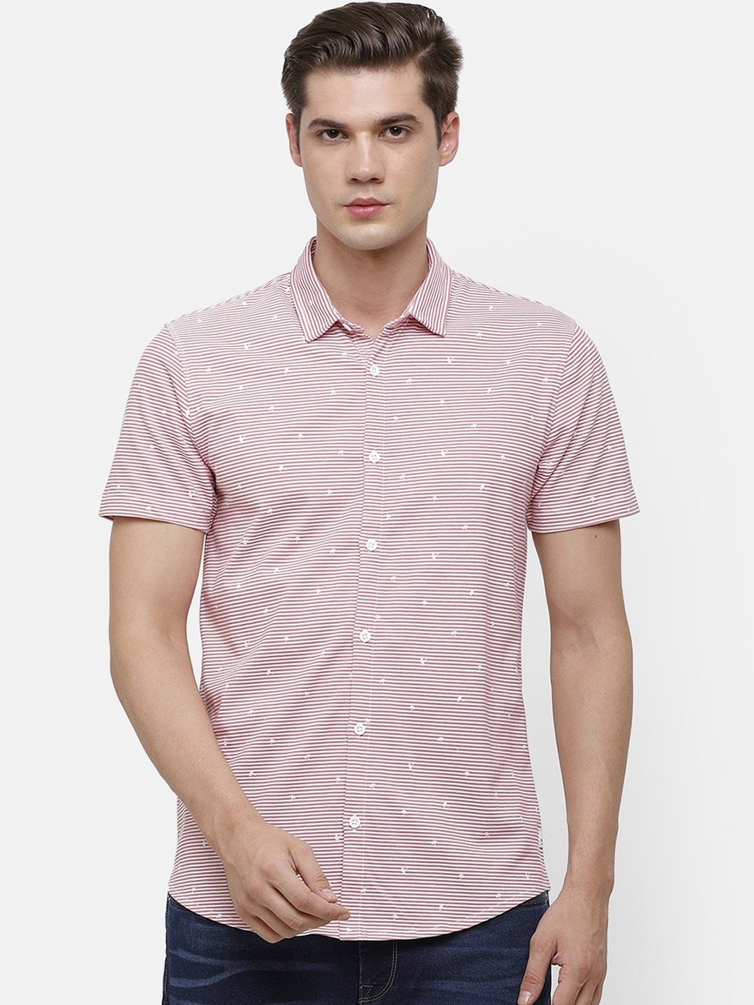 Voi Jeans Men Red & White Slim Fit Striped Cotton Casual Shirt