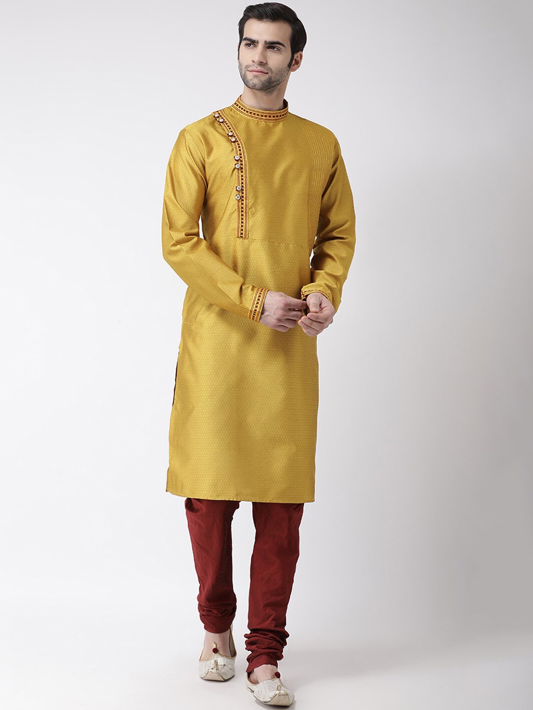 SG LEMAN Men Yellow & Maroon Angrakha Straight Raw Silk Kurta & Churidar