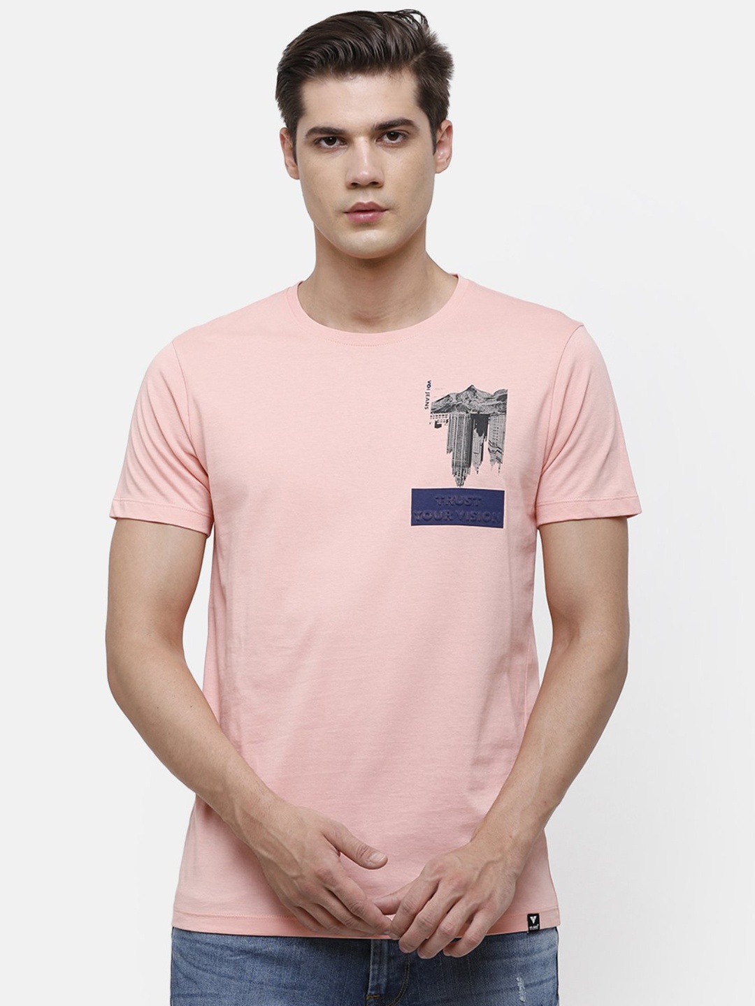 Voi Jeans Men Peach-Coloured Solid Round Neck Pure Cotton T-shirt