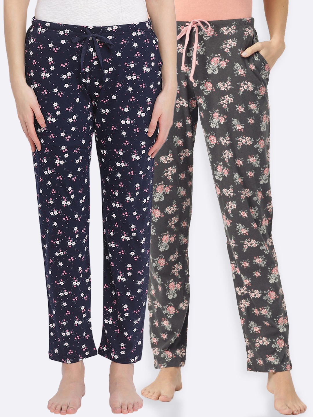 Kanvin Women Pack of 2 Floral Print Pure Cotton Lounge Pants, Navy blue