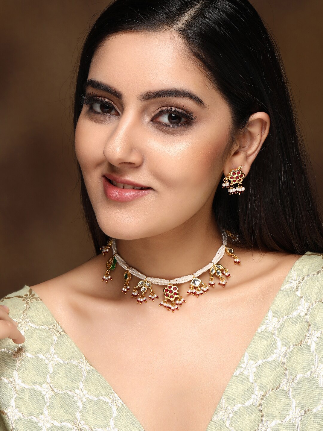 Rubans 24K Gold-Plated White & Red Stone-Studded & Beaded Handcrafted Jewellery Set