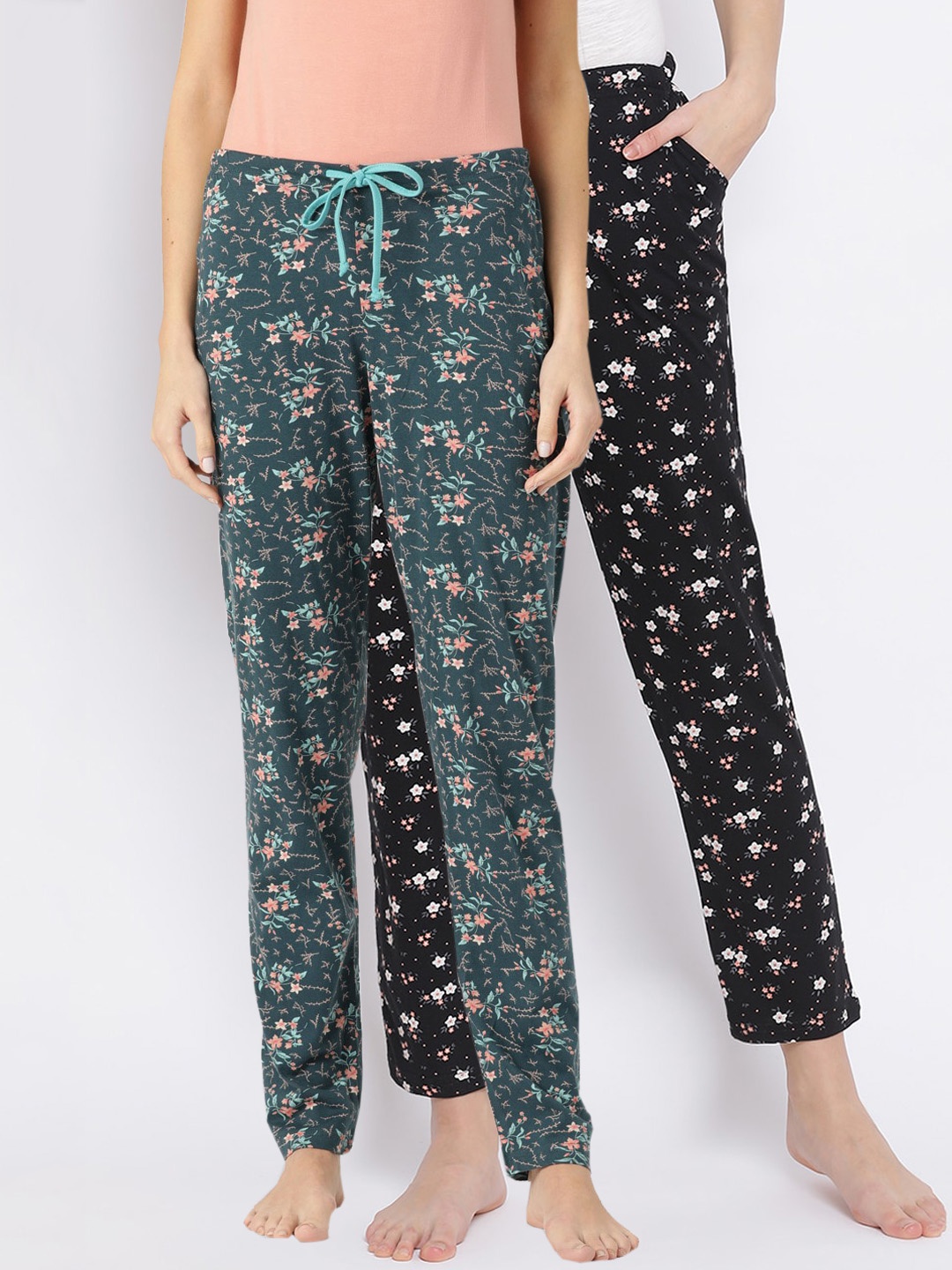 Kanvin Women Pack of 2 Floral Print Pure Cotton Lounge Pants, Black