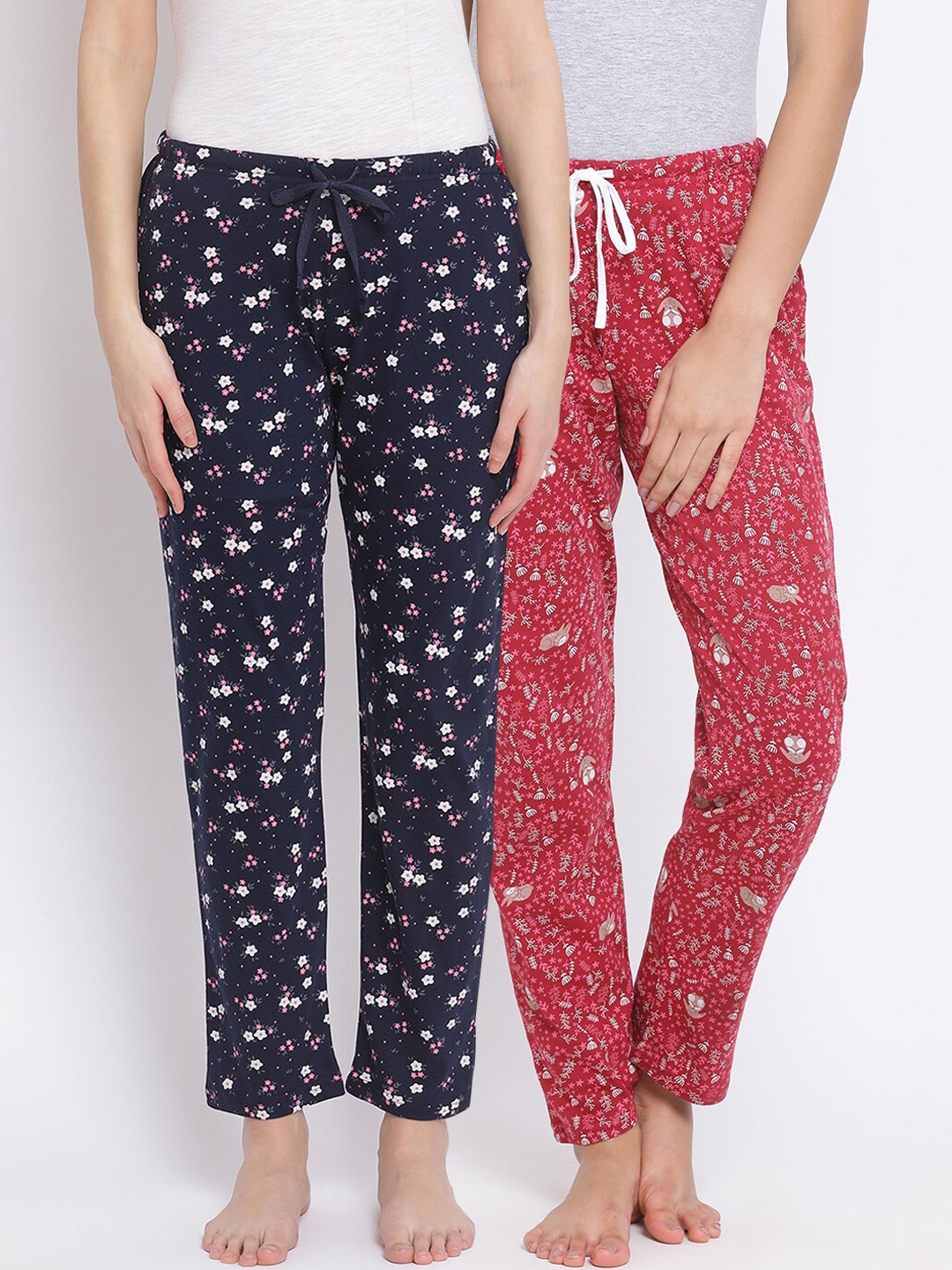 Kanvin Women Pack of 2 Printed Pure Cotton Lounge Pants, Navy blue