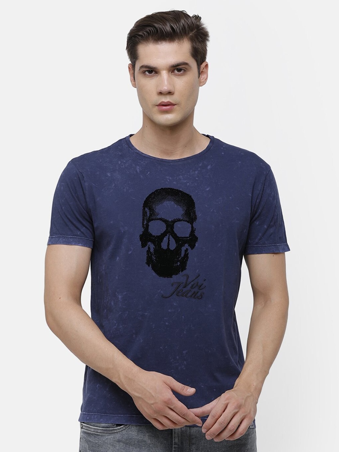 Voi Jeans Men Navy Blue Printed Round Neck Pure Cotton T-shirt