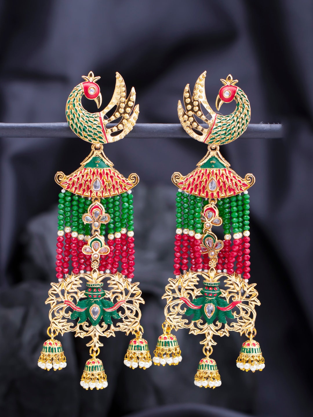 Sukkhi Green & Pink Peacock Shaped Drop Earrings