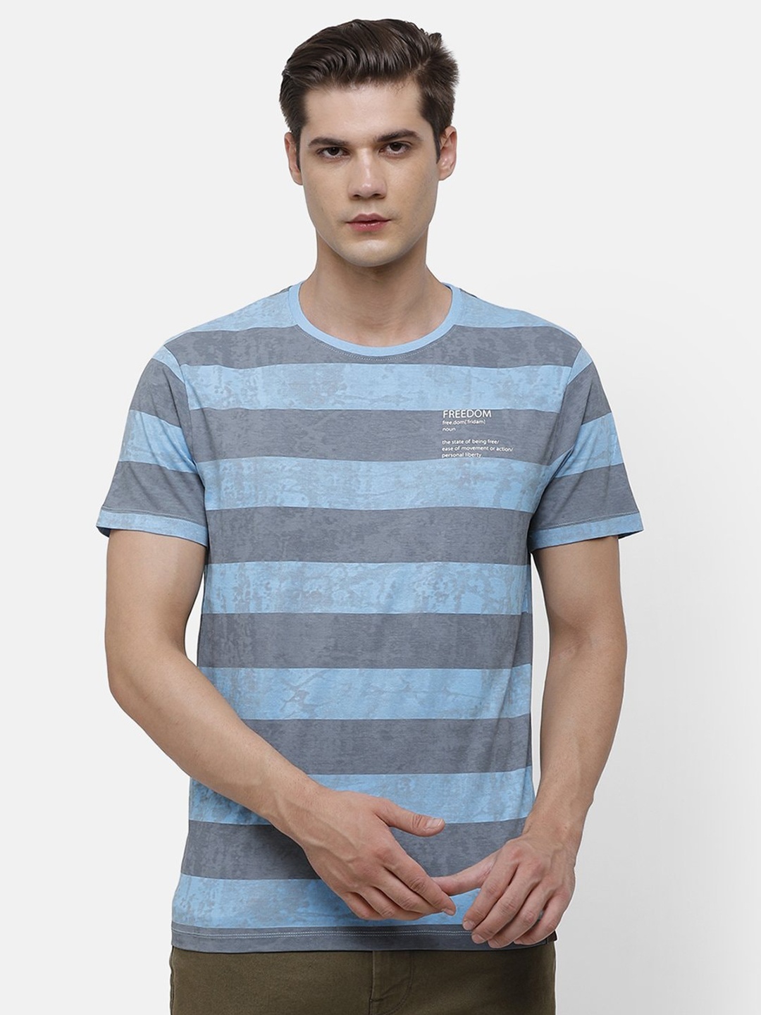 Voi Jeans Men Blue Grey Striped Round Neck Pure Cotton T-shirt
