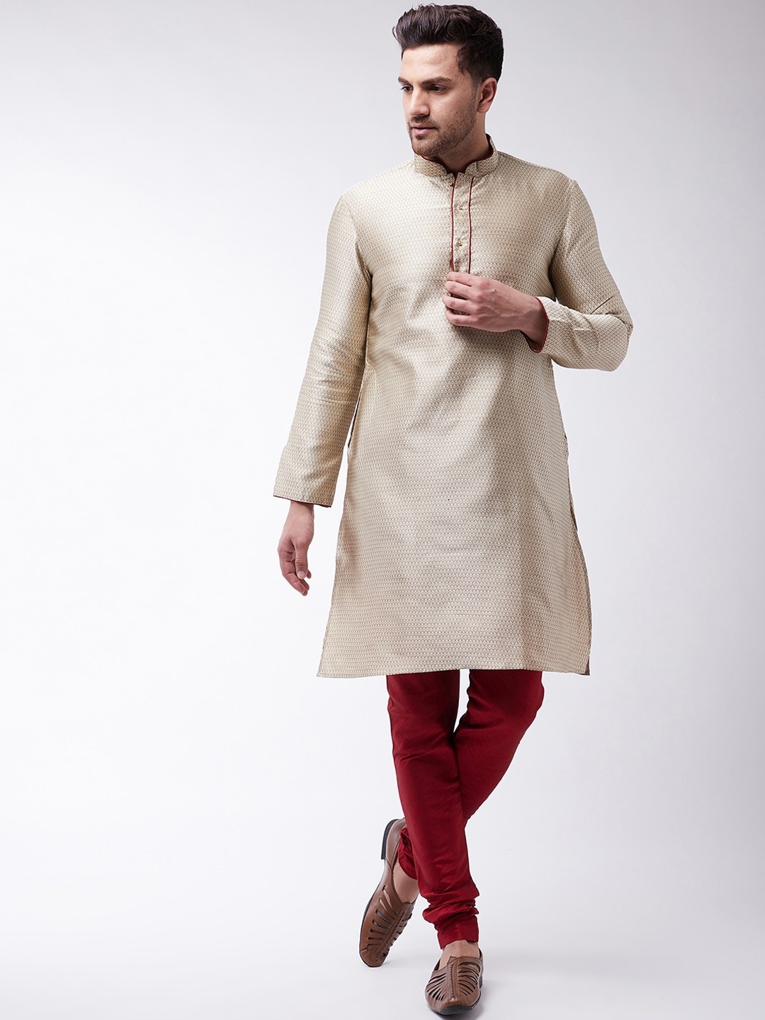 VASTRAMAY Men Beige & Maroon Jacquard Kurta & Churidar