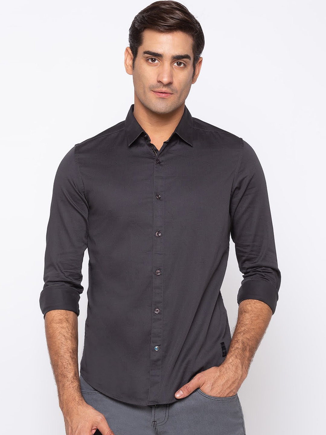 SPYKAR Men Charcoal Grey Slim Fit Solid Casual Shirt