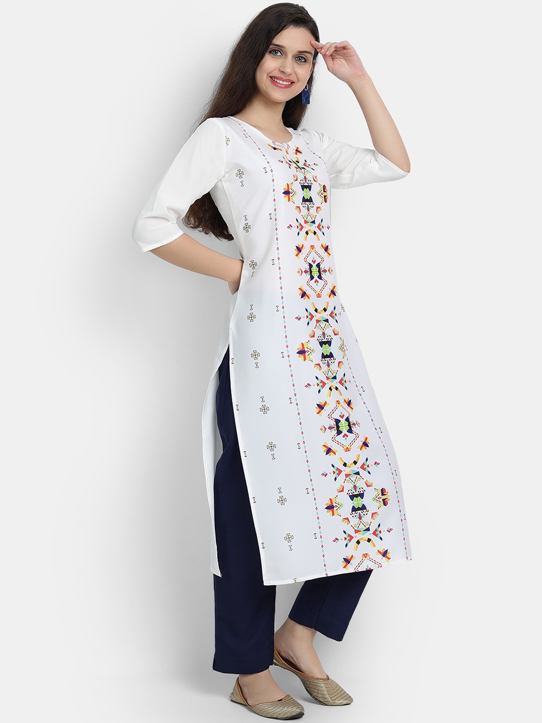 Ethnic basket Women White Ethnic Motifs Printed Crepe Kurta