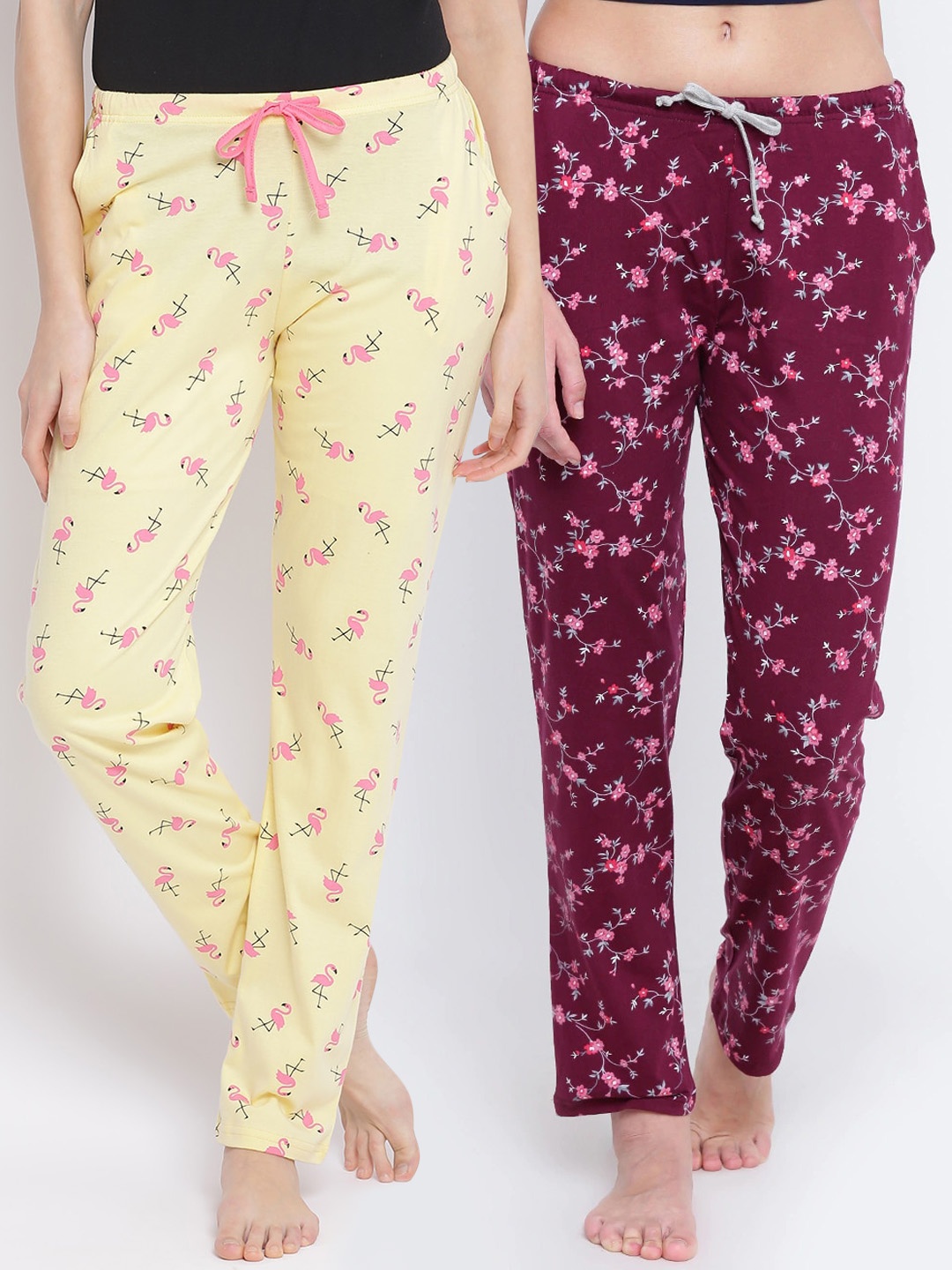 Kanvin Women Pack Of 2 Printed Cotton Lounge Pants, Yellow