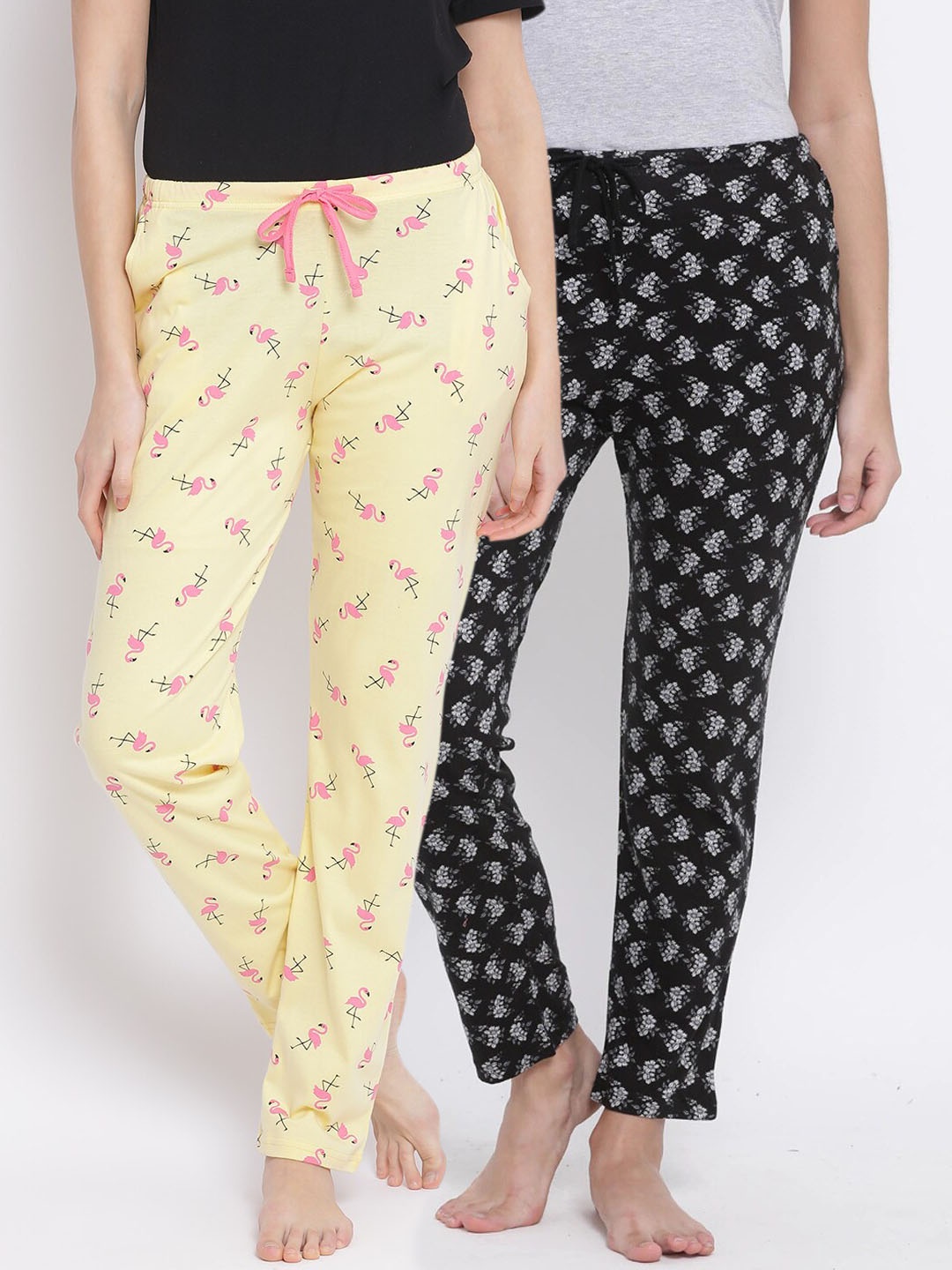 Kanvin Women Pack Of 2 Printed Cotton Lounge Pants, Yellow
