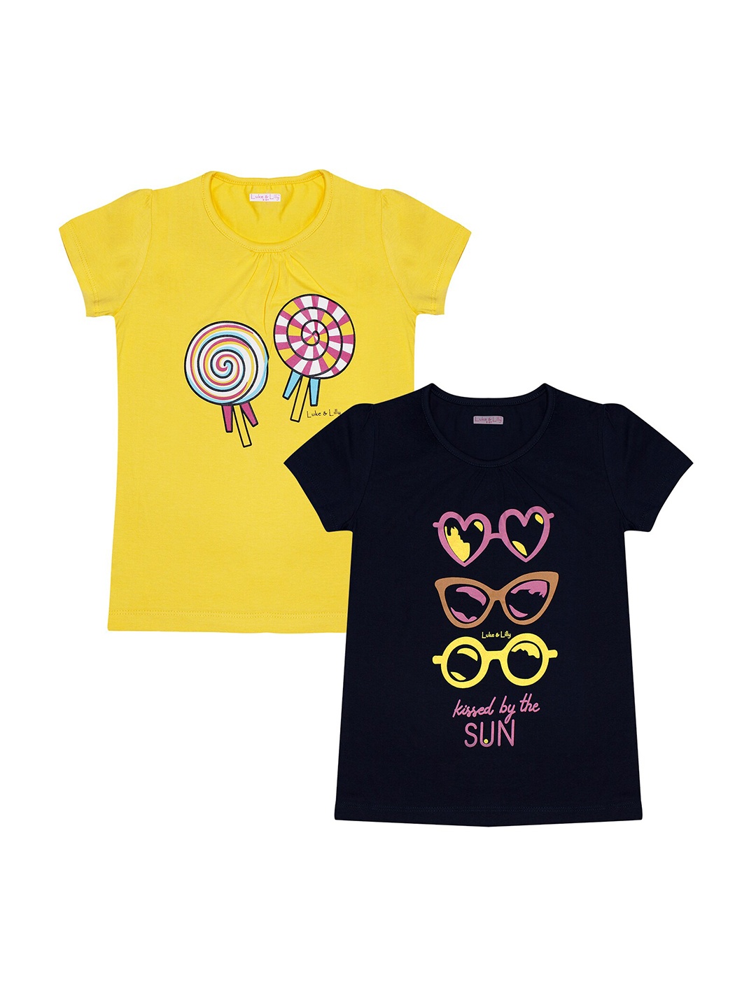 Luke & Lilly Girls Pack of 2 Printed T-shirts, Navy blue